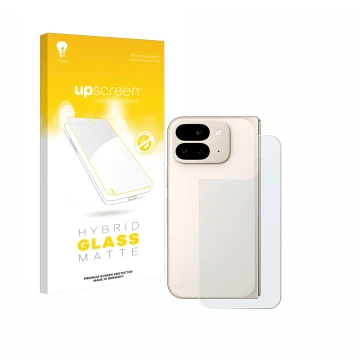 Vorderseite einer Produktverpackung mit dem Markenlogo upscreen. Daneben ist das Gerät Google Pixel 9 Pro Fold (Rückseite) mit