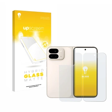 Vorderseite einer Produktverpackung mit dem Markenlogo upscreen. Daneben ist das Gerät Google Pixel 9 Pro Fold (Display+Rückse
