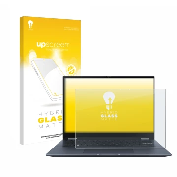 Vorderseite einer Produktverpackung mit dem Markenlogo upscreen. Daneben ist das Gerät ASUS Vivobook S 14 Flip TN3402 mit dem 