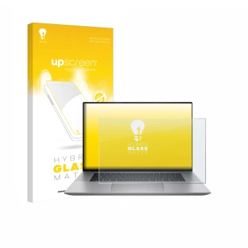 Vorderseite einer Produktverpackung mit dem Markenlogo upscreen. Daneben ist das Gerät HP Zbook Studio 16 G11 mit dem zugehöri