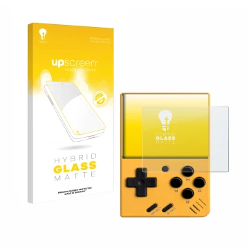 Vorderseite einer Produktverpackung mit dem Markenlogo upscreen. Daneben ist das Gerät Miyoo Mini V4 mit dem zugehörigen Displ