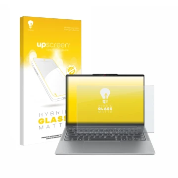 Vorderseite einer Produktverpackung mit dem Markenlogo upscreen. Daneben ist das Gerät Lenovo IdeaPad Pro 5 14AHP9 mit dem zug