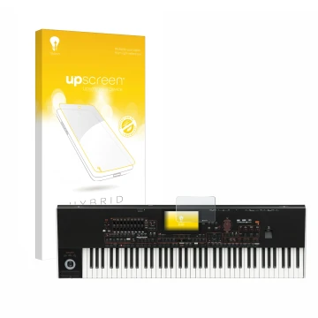 Vorderseite einer Produktverpackung mit dem Markenlogo upscreen. Daneben ist das Gerät KORG Pa4x mit dem zugehörigen Displaysc