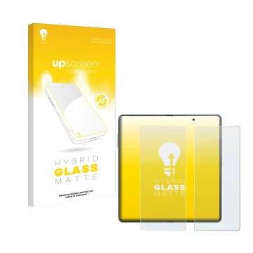 Vorderseite einer Produktverpackung mit dem Markenlogo upscreen. Daneben ist das Gerät Honor Magic V3 (inneres Display) mit de