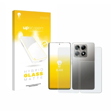 Vorderseite einer Produktverpackung mit dem Markenlogo upscreen. Daneben ist das Gerät Xiaomi 14T Pro (Display+Rückseite) mit 