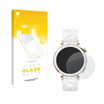 Vorderseite einer Produktverpackung mit dem Markenlogo upscreen. Daneben ist das Gerät Huawei Watch GT 5 Pro (42 mm) mit dem z