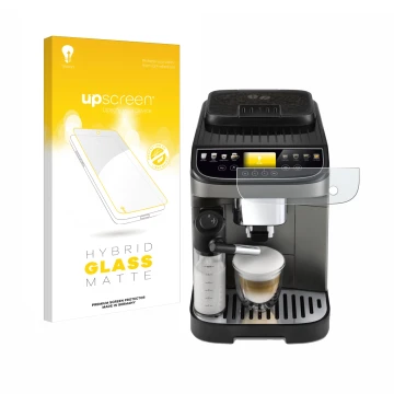 Vorderseite einer Produktverpackung mit dem Markenlogo upscreen. Daneben ist das Gerät DeLonghi Magnifica Evo Next mit dem zug