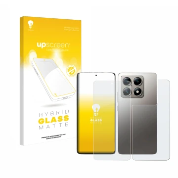 Vorderseite einer Produktverpackung mit dem Markenlogo upscreen. Daneben ist das Gerät Xiaomi 14T (Display+Rückseite) mit dem 