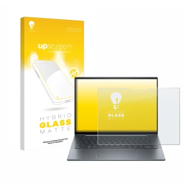 Vorderseite einer Produktverpackung mit dem Markenlogo upscreen. Daneben ist das Gerät HP Dragonfly 13.5