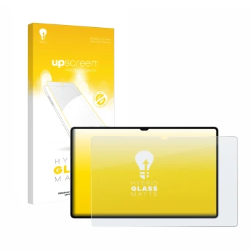 Vorderseite einer Produktverpackung mit dem Markenlogo upscreen. Daneben ist das Gerät Samsung Galaxy Tab S10 Ultra WiFi mit d