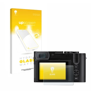 Vorderseite einer Produktverpackung mit dem Markenlogo upscreen. Daneben ist das Gerät Leica Q3 43 mit dem zugehörigen Display