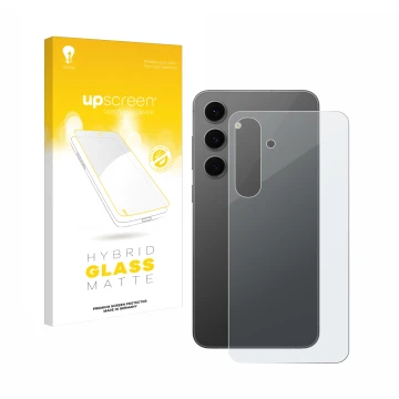 Vorderseite einer Produktverpackung mit dem Markenlogo upscreen. Daneben ist das Gerät Samsung Galaxy S24 FE (Rückseite) mit d