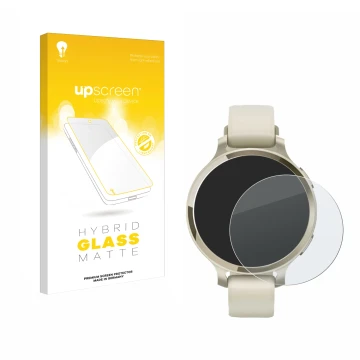 Vorderseite einer Produktverpackung mit dem Markenlogo upscreen. Daneben ist das Gerät Garmin Lily 2 Active mit dem zugehörige