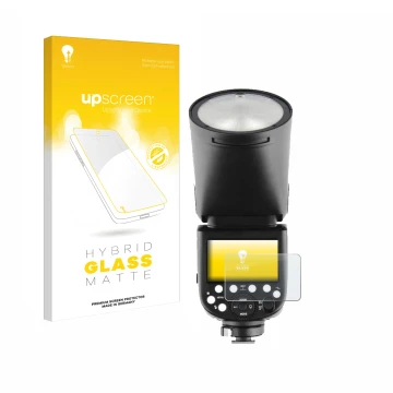 Vorderseite einer Produktverpackung mit dem Markenlogo upscreen. Daneben ist das Gerät Godox TT685 II mit dem zugehörigen Disp