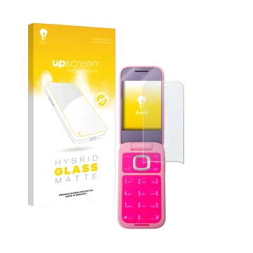 Vorderseite einer Produktverpackung mit dem Markenlogo upscreen. Daneben ist das Gerät HMD Barbie Phone mit dem zugehörigen Di