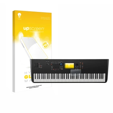 Vorderseite einer Produktverpackung mit dem Markenlogo upscreen. Daneben ist das Gerät Yamaha MODX8+ mit dem zugehörigen Displ