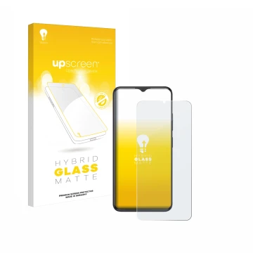 Vorderseite einer Produktverpackung mit dem Markenlogo upscreen. Daneben ist das Gerät ZTE Blade A34 mit dem zugehörigen Displ