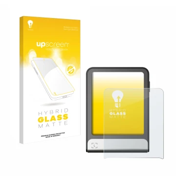 Vorderseite einer Produktverpackung mit dem Markenlogo upscreen. Daneben ist das Gerät Ledger Flex mit dem zugehörigen Display