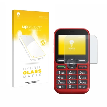 Vorderseite einer Produktverpackung mit dem Markenlogo upscreen. Daneben ist das Gerät Doro Leva L10 mit dem zugehörigen Displ