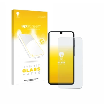Vorderseite einer Produktverpackung mit dem Markenlogo upscreen. Daneben ist das Gerät Samsung Galaxy A16 4G mit dem zugehörig
