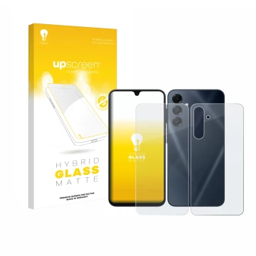 Vorderseite einer Produktverpackung mit dem Markenlogo upscreen. Daneben ist das Gerät Samsung Galaxy A16 4G (Display+Rückseit