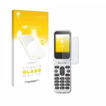 Vorderseite einer Produktverpackung mit dem Markenlogo upscreen. Daneben ist das Gerät Doro 2820 mit dem zugehörigen Displaysc