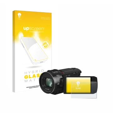 Vorderseite einer Produktverpackung mit dem Markenlogo upscreen. Daneben ist das Gerät Panasonic HC-VX3 mit dem zugehörigen Di