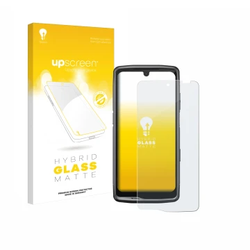 Vorderseite einer Produktverpackung mit dem Markenlogo upscreen. Daneben ist das Gerät Crosscall Stellar M6 mit dem zugehörige