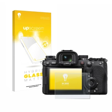 Vorderseite einer Produktverpackung mit dem Markenlogo upscreen. Daneben ist das Gerät Sony Alpha 1 II (ILCE1M2B) mit dem zuge