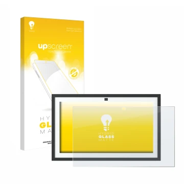 Vorderseite einer Produktverpackung mit dem Markenlogo upscreen. Daneben ist das Gerät Amazon Echo Show 15 2024 mit dem zugehö