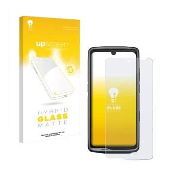 Vorderseite einer Produktverpackung mit dem Markenlogo upscreen. Daneben ist das Gerät Crosscall Stellar M6E mit dem zugehörig