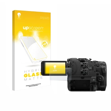 Vorderseite einer Produktverpackung mit dem Markenlogo upscreen. Daneben ist das Gerät Canon EOS C400 mit dem zugehörigen Disp