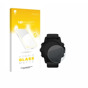 Vorderseite einer Produktverpackung mit dem Markenlogo upscreen. Daneben ist das Gerät Garmin Descent G1 Solar mit dem zugehör
