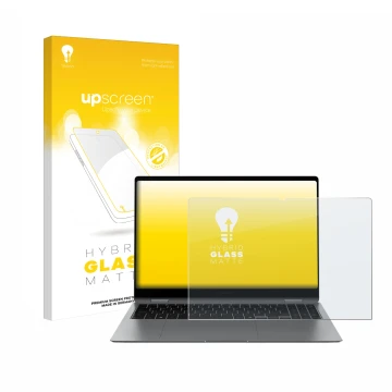 Vorderseite einer Produktverpackung mit dem Markenlogo upscreen. Daneben ist das Gerät Samsung Galaxy Book5 Pro 360 16