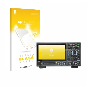 Vorderseite einer Produktverpackung mit dem Markenlogo upscreen. Daneben ist das Gerät Rigol DHO914 mit dem zugehörigen Displa