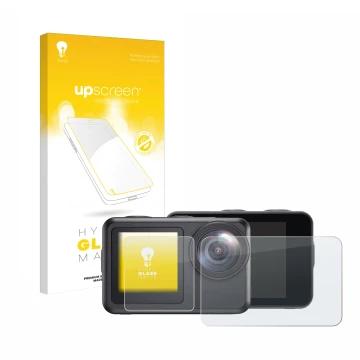 Vorderseite einer Produktverpackung mit dem Markenlogo upscreen. Daneben ist das Gerät Akaso Brave 7 LE mit dem zugehörigen Di