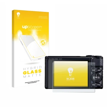 Vorderseite einer Produktverpackung mit dem Markenlogo upscreen. Daneben ist das Gerät Canon PowerShot SX740 HS Lite mit dem z