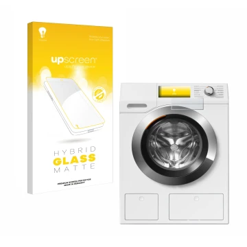 Vorderseite einer Produktverpackung mit dem Markenlogo upscreen. Daneben ist das Gerät Miele WEH875 mit dem zugehörigen Displa