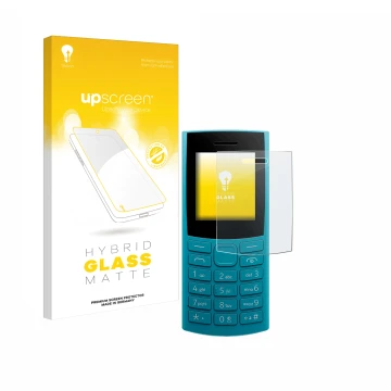 Vorderseite einer Produktverpackung mit dem Markenlogo upscreen. Daneben ist das Gerät Nokia 105 4G 2nd Edition mit dem zugehö