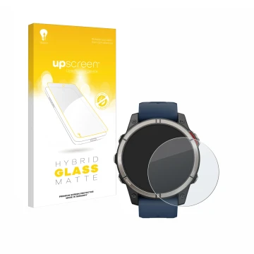 Vorderseite einer Produktverpackung mit dem Markenlogo upscreen. Daneben ist das Gerät Garmin quatix 7 Pro mit dem zugehörigen