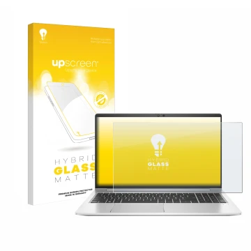 Vorderseite einer Produktverpackung mit dem Markenlogo upscreen. Daneben ist das Gerät HP EliteBook 650 G10 mit dem zugehörige
