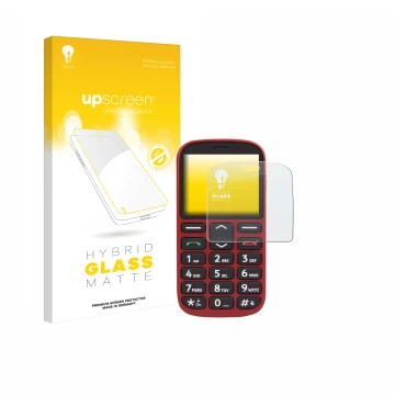 Vorderseite einer Produktverpackung mit dem Markenlogo upscreen. Daneben ist das Gerät Doro 1360 mit dem zugehörigen Displaysc