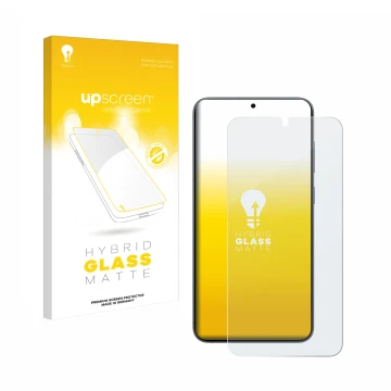 Vorderseite einer Produktverpackung mit dem Markenlogo upscreen. Daneben ist das Gerät Samsung Galaxy S25 Plus mit dem zugehör