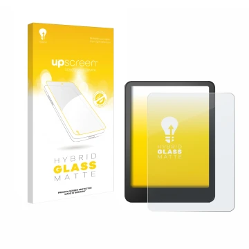 Vorderseite einer Produktverpackung mit dem Markenlogo upscreen. Daneben ist das Gerät Amazon Kindle Paperwhite 2024 Signature