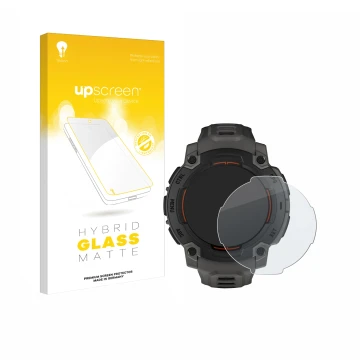 Vorderseite einer Produktverpackung mit dem Markenlogo upscreen. Daneben ist das Gerät Garmin Instinct E (45 mm) mit dem zugeh