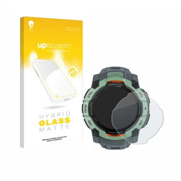 Vorderseite einer Produktverpackung mit dem Markenlogo upscreen. Daneben ist das Gerät Garmin Instinct 3 AMOLED (50 mm) mit de