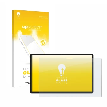 Vorderseite einer Produktverpackung mit dem Markenlogo upscreen. Daneben ist das Gerät Lenovo Yoga Tab Plus 2025 mit dem zugeh