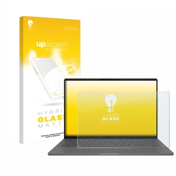 Vorderseite einer Produktverpackung mit dem Markenlogo upscreen. Daneben ist das Gerät ASUS ZenBook A14 UX3407 mit dem zugehör