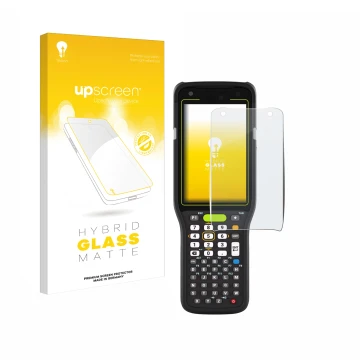 Vorderseite einer Produktverpackung mit dem Markenlogo upscreen. Daneben ist das Gerät Zebra MC3400 mit dem zugehörigen Displa