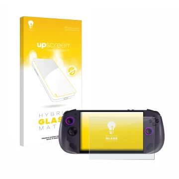 Vorderseite einer Produktverpackung mit dem Markenlogo upscreen. Daneben ist das Gerät Lenovo Legion Go S mit dem zugehörigen 